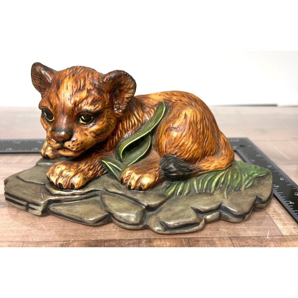 Lion Cub Figurine Laying On Rock Base  Hand-Painted Resin Decor  6.5" Length